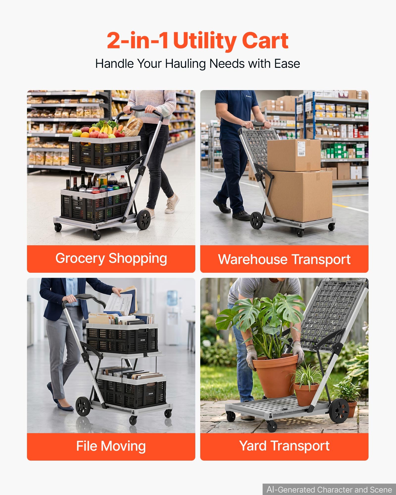 VEVOR Collapsible Shopping Cart with Wheels Foldable for Grocery Black Gray, 90 kg Capacity Rolling Utility Cart, Storage Crate & Foot Brake, Portable Folding for Groceries, Warehouse, Supermarket
