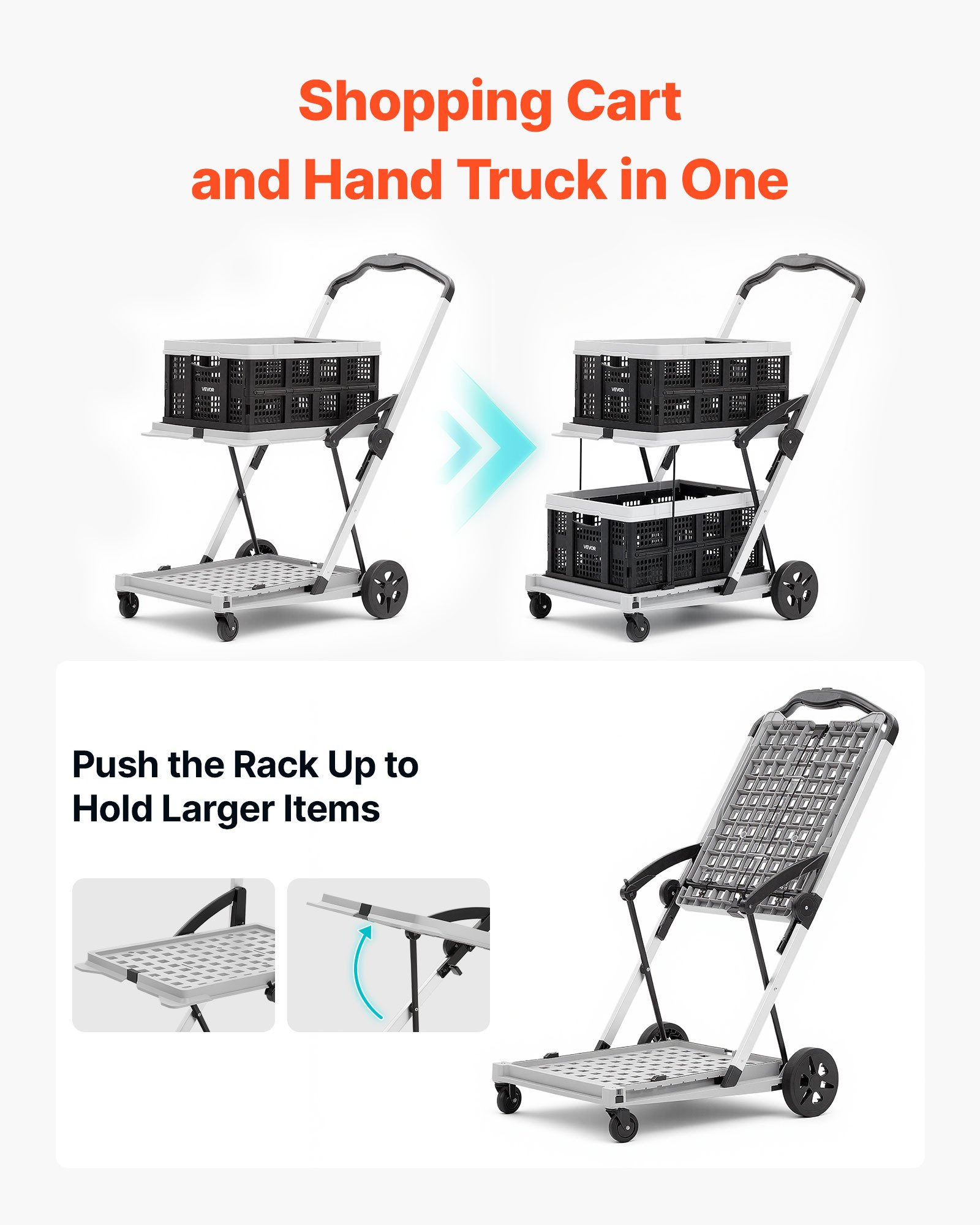 VEVOR Collapsible Shopping Cart with Wheels Foldable for Grocery Black Gray, 90 kg Capacity Rolling Utility Cart, Storage Crate & Foot Brake, Portable Folding for Groceries, Warehouse, Supermarket