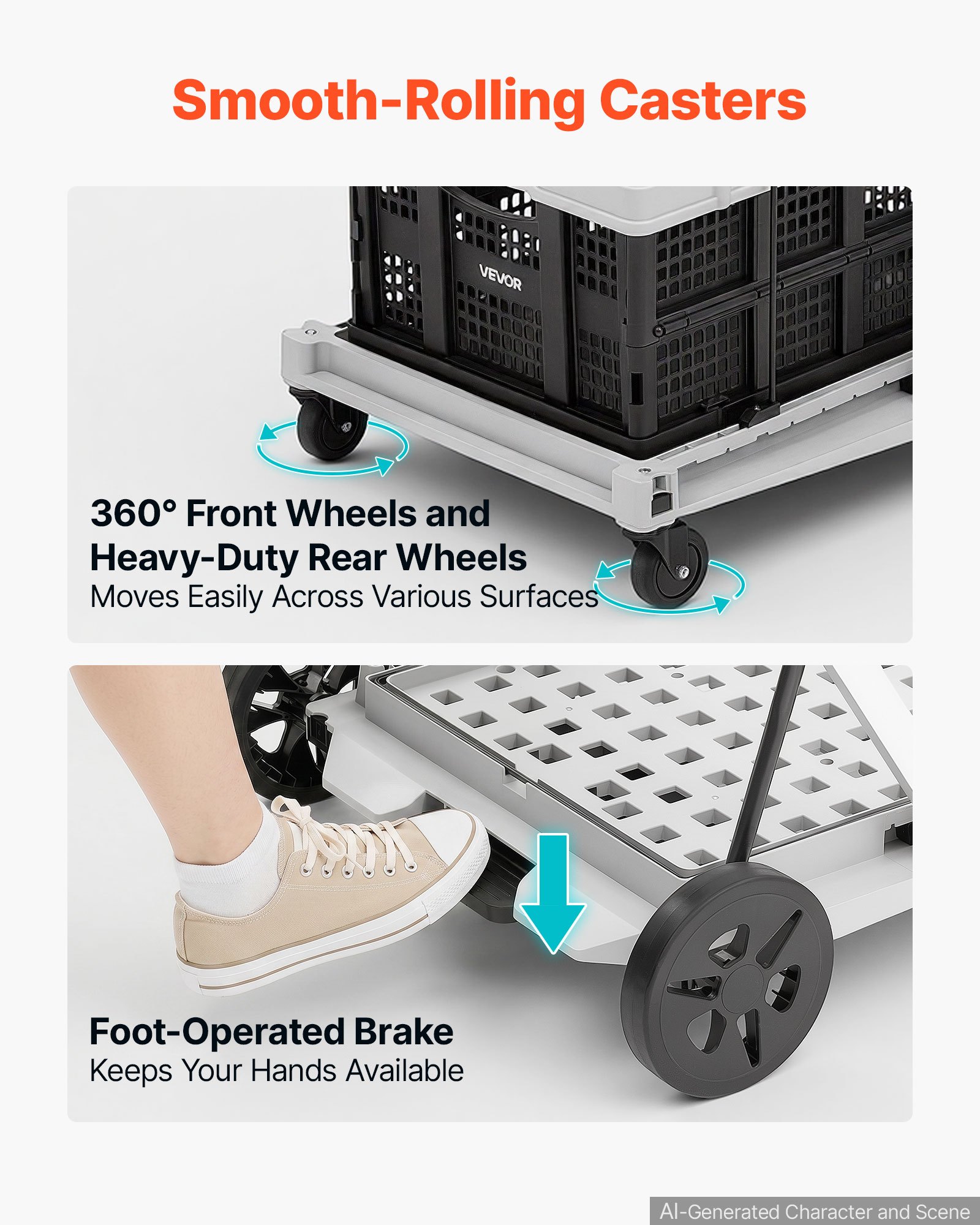 VEVOR Collapsible Shopping Cart with Wheels Foldable for Grocery Black Gray, 90 kg Capacity Rolling Utility Cart, Storage Crate & Foot Brake, Portable Folding for Groceries, Warehouse, Supermarket