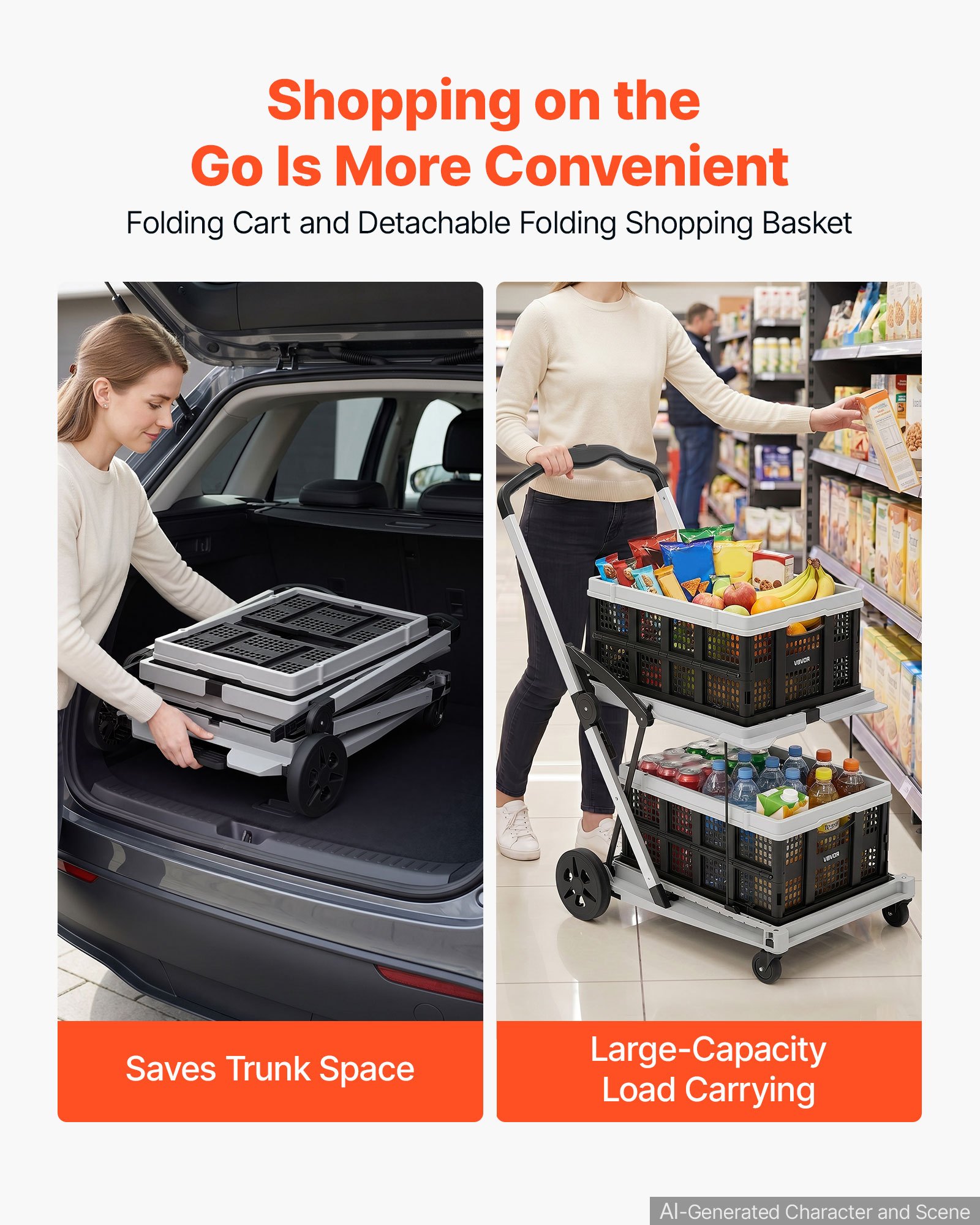 VEVOR Collapsible Shopping Cart with Wheels Foldable for Grocery Black Gray, 90 kg Capacity Rolling Utility Cart, Storage Crate & Foot Brake, Portable Folding for Groceries, Warehouse, Supermarket
