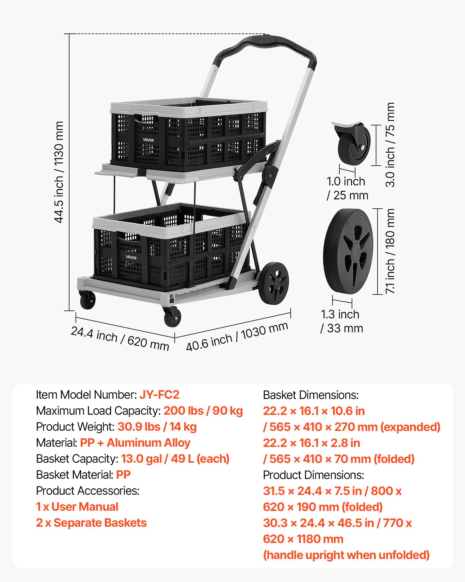 VEVOR Collapsible Shopping Cart with Wheels Foldable for Grocery Black Gray, 90 kg Capacity Rolling Utility Cart, Storage Crate & Foot Brake, Portable Folding for Groceries, Warehouse, Supermarket