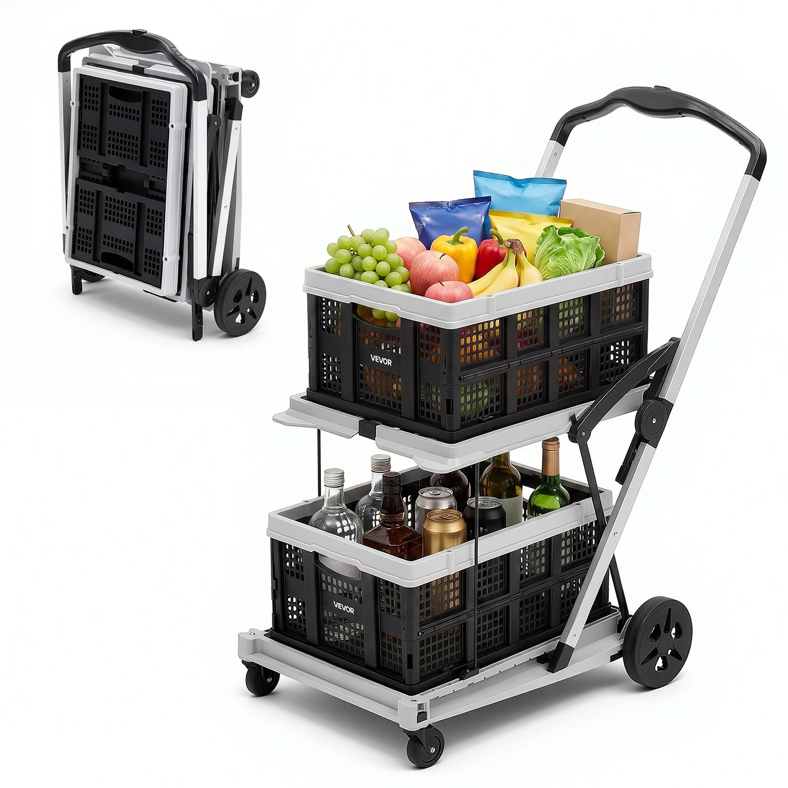 VEVOR Collapsible Shopping Cart with Wheels Foldable for Grocery Black Gray, 90 kg Capacity Rolling Utility Cart, Storage Crate & Foot Brake, Portable Folding for Groceries, Warehouse, Supermarket