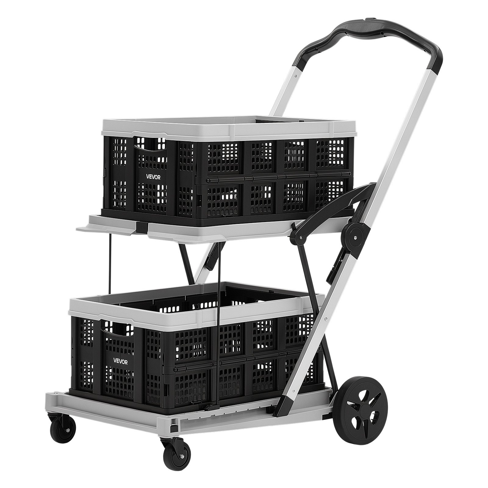 VEVOR Collapsible Shopping Cart with Wheels Foldable for Grocery Black Gray, 90 kg Capacity Rolling Utility Cart, Storage Crate & Foot Brake, Portable Folding for Groceries, Warehouse, Supermarket