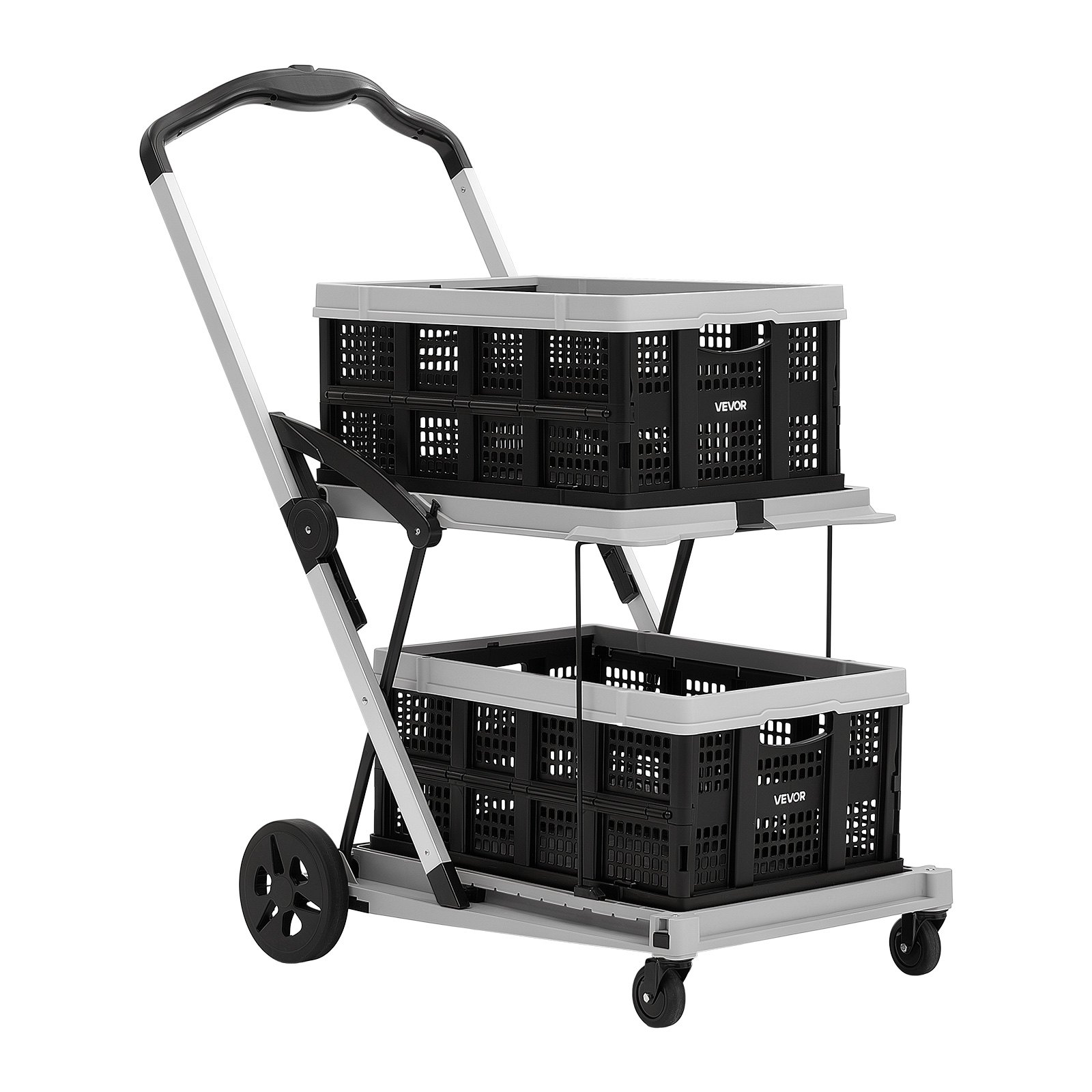 VEVOR Collapsible Shopping Cart with Wheels Foldable for Grocery Black Gray, 90 kg Capacity Rolling Utility Cart, Storage Crate & Foot Brake, Portable Folding for Groceries, Warehouse, Supermarket
