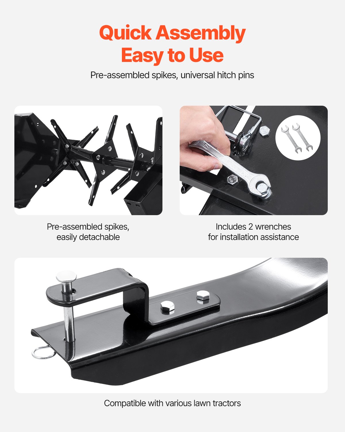 VEVOR bugseret plænelufter, 40-tommer bugseret plænelufter med universaltræk, trækplænelufter med jernpigge, skiftevis arrangeret, plænelufter bugseret bagtil til haver, græsplæner, gårde