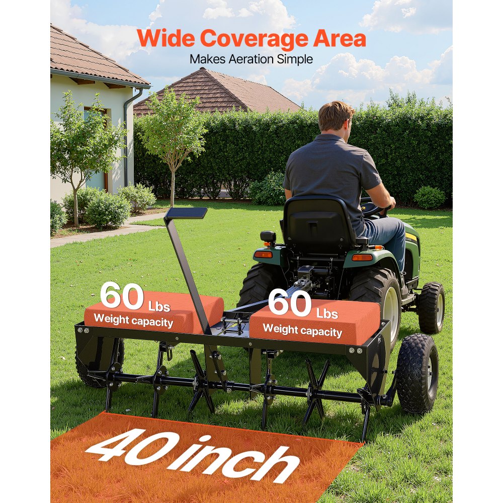 VEVOR Tow Behind Plug Aerator, 40 in Lawn Core Aerator Tool Universal Hitch, 120lbs Weight Capacity, Heavy Duty  & Rust-Resistant, Pull Behind Spike Aerators with Tray for Farmland & Garden Tractors