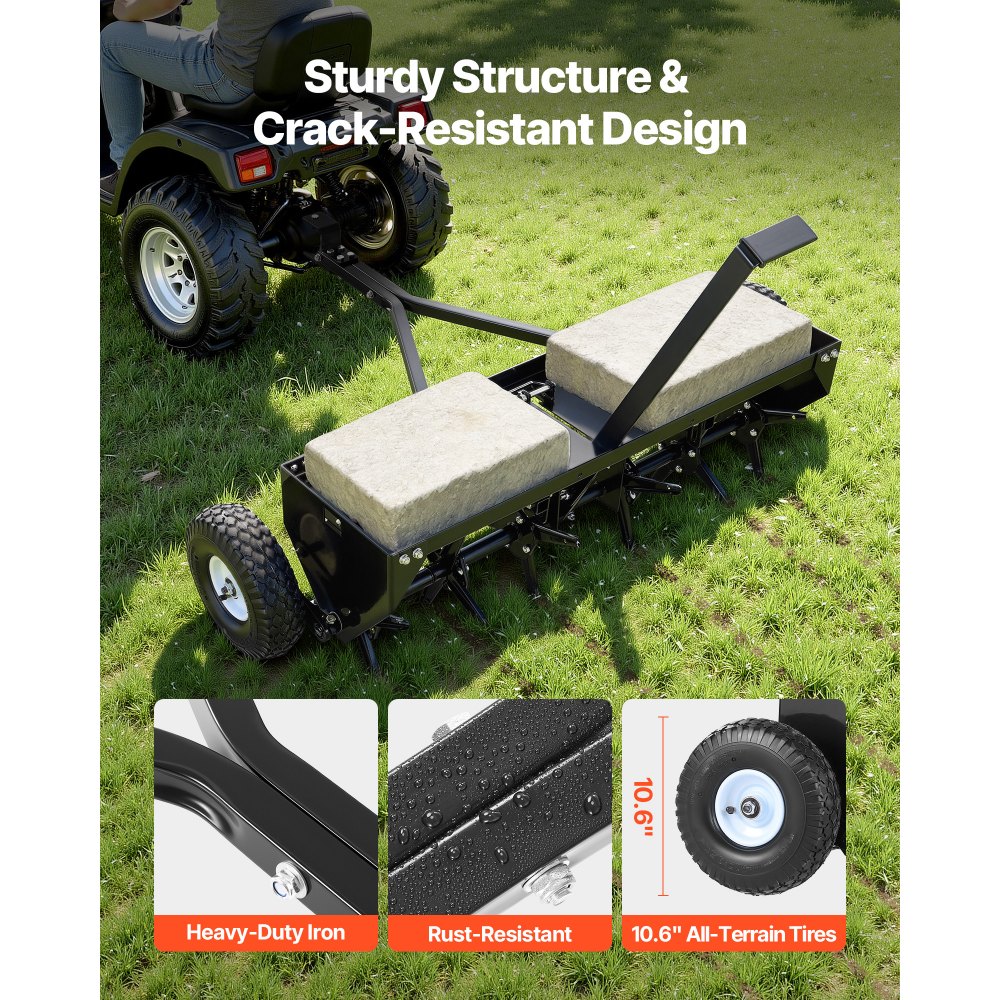 VEVOR Tow Behind Plug Aerator, 40 in Lawn Core Aerator Tool Universal Hitch, 120lbs Weight Capacity, Heavy Duty  & Rust-Resistant, Pull Behind Spike Aerators with Tray for Farmland & Garden Tractors