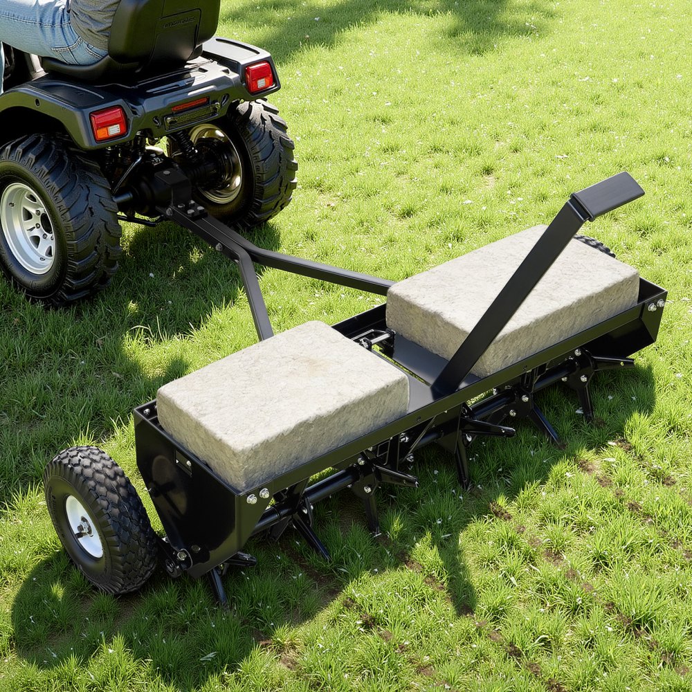 VEVOR Tow Behind Plug Aerator, 40 in Lawn Core Aerator Tool Universal Hitch, 120lbs Weight Capacity, Heavy Duty  & Rust-Resistant, Pull Behind Spike Aerators with Tray for Farmland & Garden Tractors