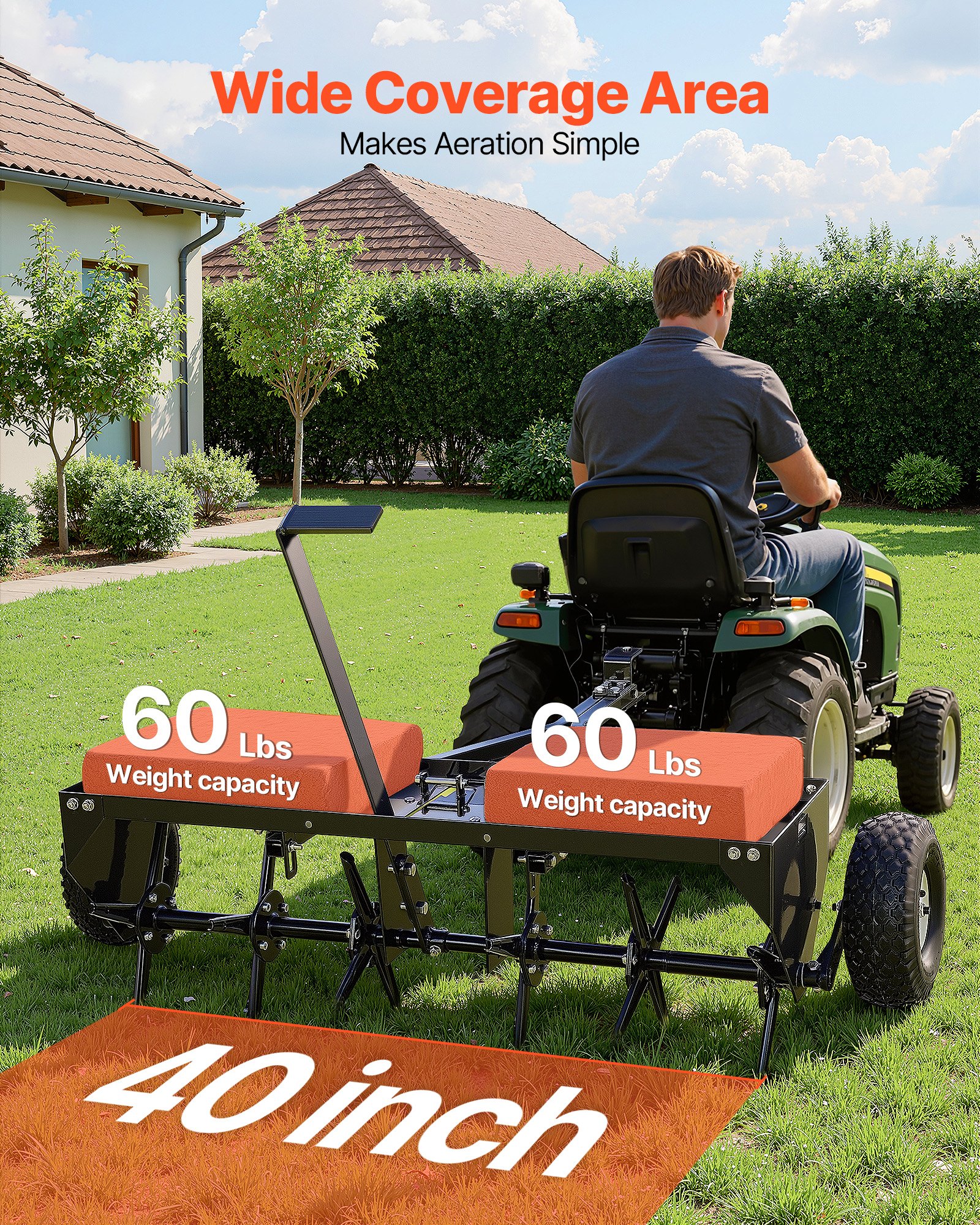 VEVOR Tow Behind Plug Aerator, 40 in Lawn Core Aerator Tool Universal Hitch, 120lbs Weight Capacity, Heavy Duty  & Rust-Resistant, Pull Behind Spike Aerators with Tray for Farmland & Garden Tractors