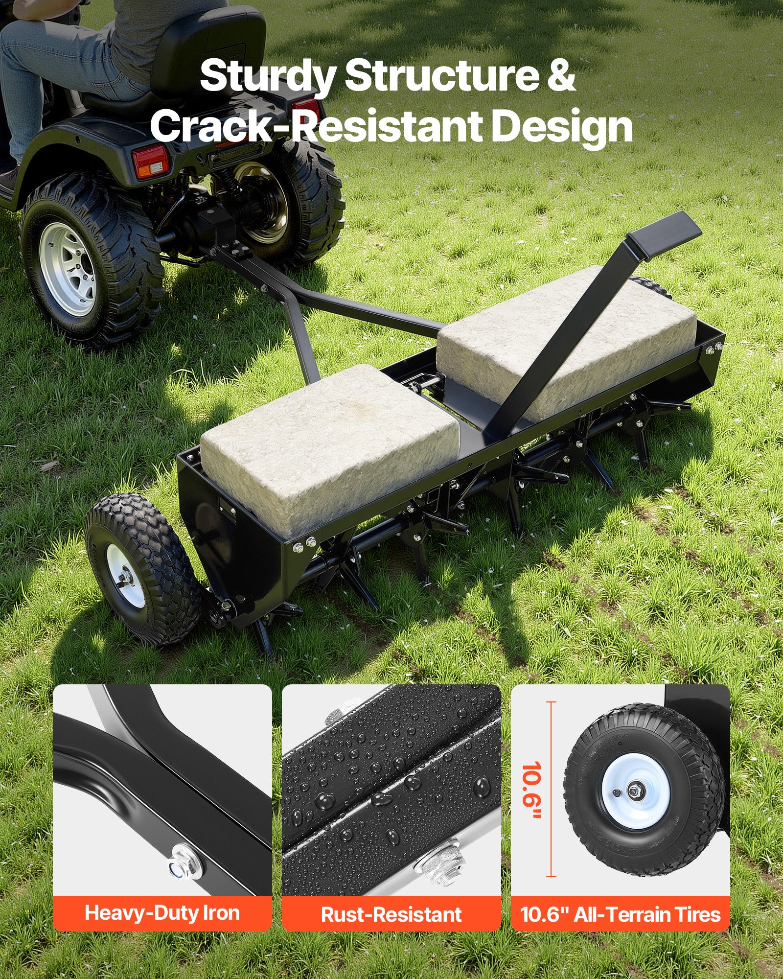 VEVOR Tow Behind Plug Aerator, 40 in Lawn Core Aerator Tool Universal Hitch, 120lbs Weight Capacity, Heavy Duty  & Rust-Resistant, Pull Behind Spike Aerators with Tray for Farmland & Garden Tractors