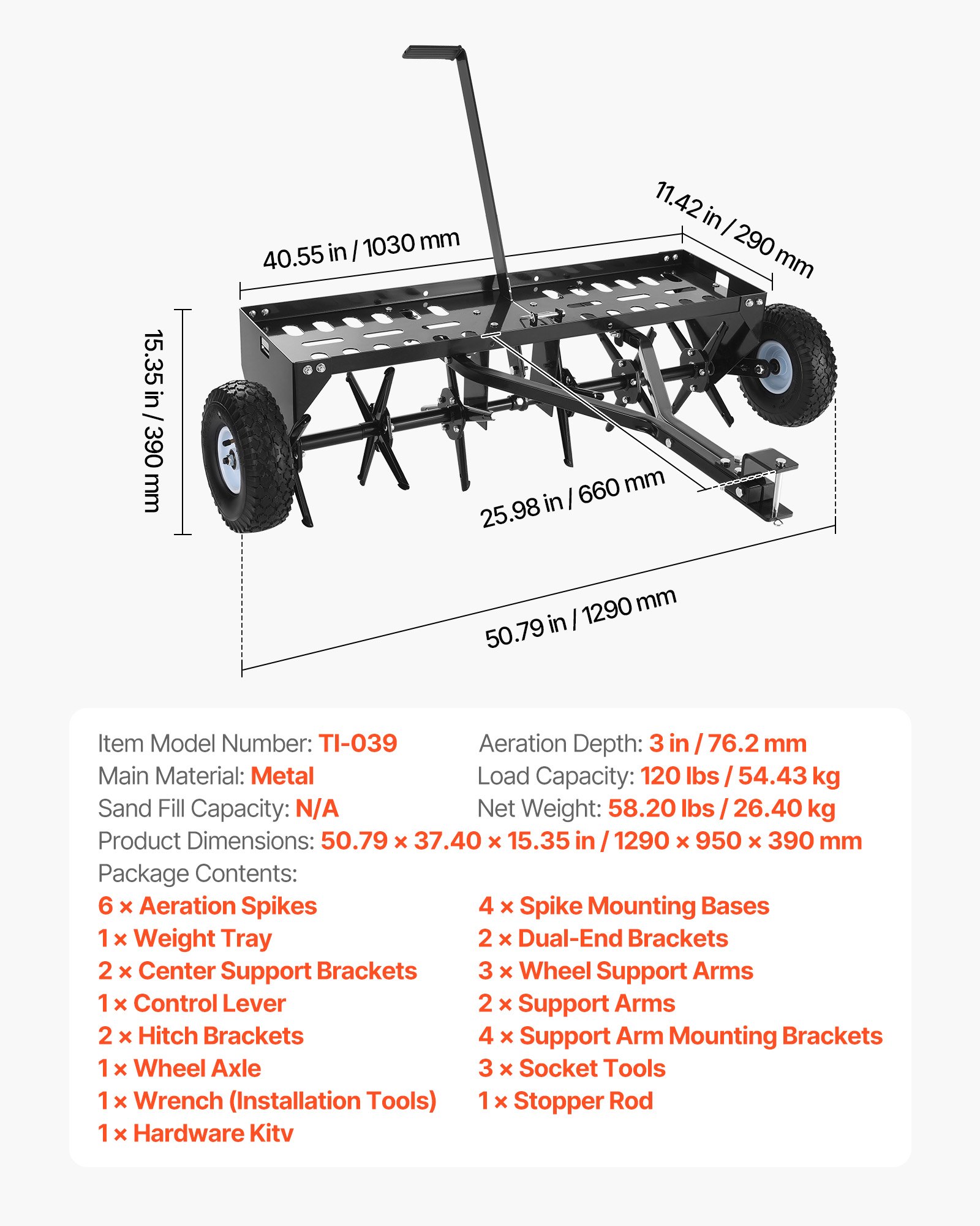 VEVOR Tow Behind Plug Aerator, 40 in Lawn Core Aerator Tool Universal Hitch, 120lbs Weight Capacity, Heavy Duty  & Rust-Resistant, Pull Behind Spike Aerators with Tray for Farmland & Garden Tractors