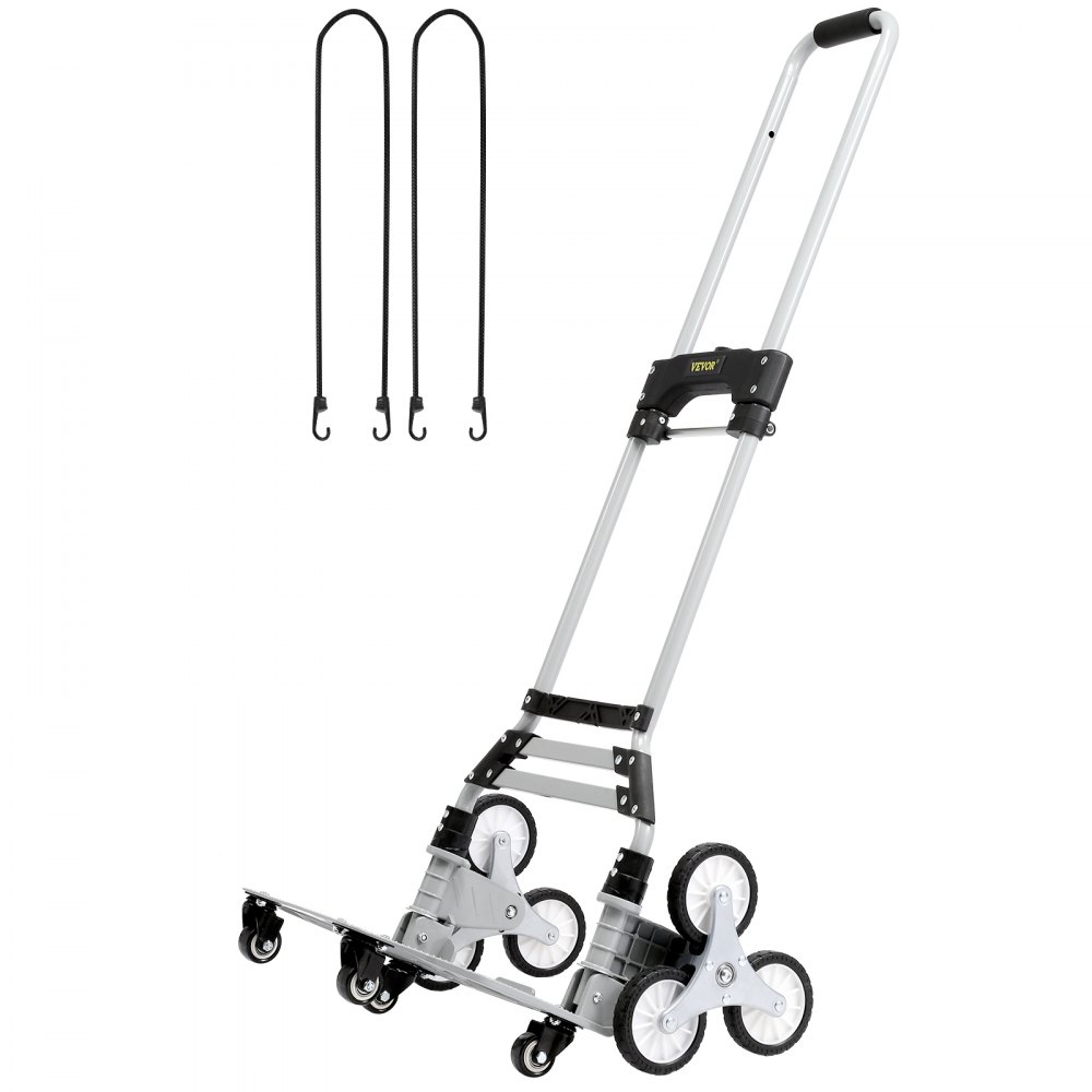 VEVOR Stair Climbing Cart, 100 kg Load Capacity, Foldable Hand Truck with 82-116 cm Adjustable Handle Height, 4 Universal Wheels & 2 Elastic Ropes, Multipurpose Dolly for Warehouse Shopping