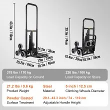 VEVOR Stair Climbing Hand Truck, Heavy-Duty Hand Cart Dolly 375 lbs Load Capacity, Foldable Stair Climber Hand Trucks with Adjustable Handle, All Terrain Cart for Stairs with 10 Wheels