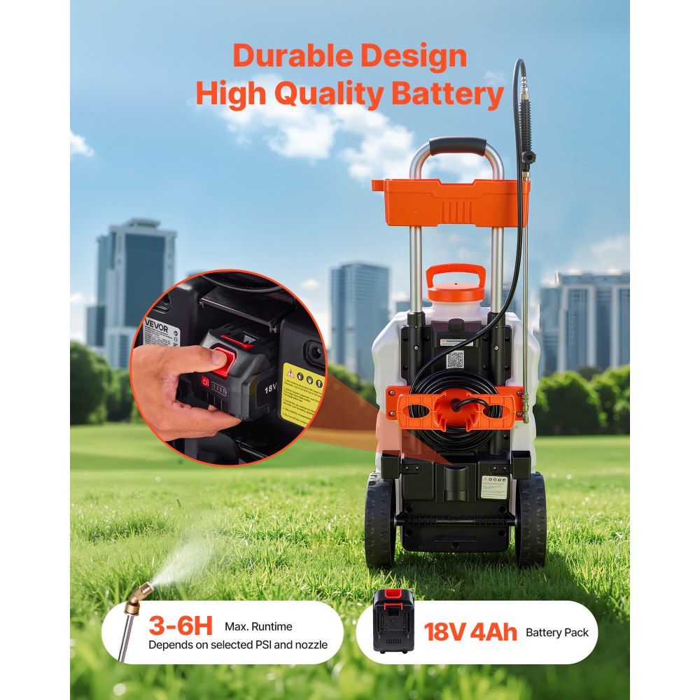 VEVOR Battery-Powered Sprayer with Wheeled Cart, 10 Gallons Electric Weed Sprayer, Adjustable 0-80 PSI, Yard Lawn Sprayers with Wheels, 5 Nozzles & 98ft Hose, 3-6H Spray Time, for Weeding, Cleaning