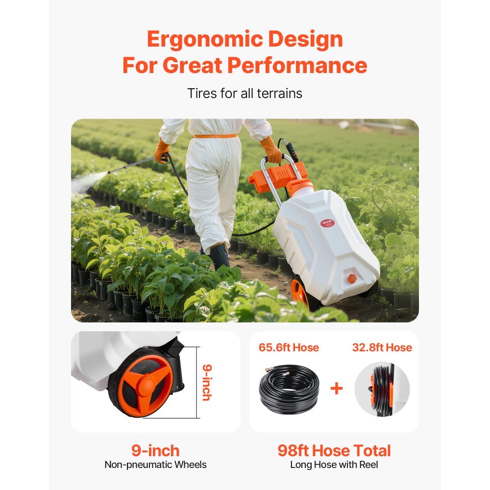 VEVOR Battery-Powered Sprayer with Wheeled Cart, 10 Gallons Electric Weed Sprayer, Adjustable 0-80 PSI, Yard Lawn Sprayers with Wheels, 5 Nozzles & 98ft Hose, 3-6H Spray Time, for Weeding, Cleaning