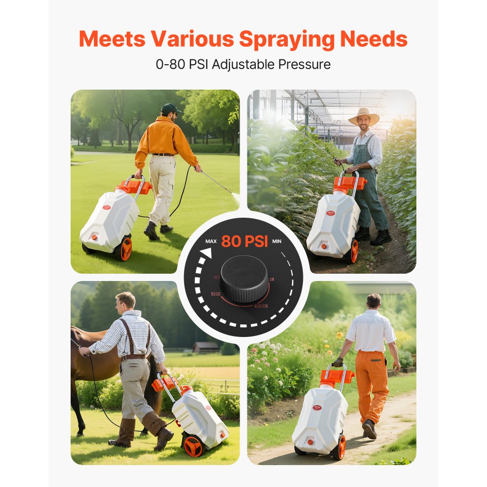 VEVOR Battery-Powered Sprayer with Wheeled Cart, 10 Gallons Electric Weed Sprayer, Adjustable 0-80 PSI, Yard Lawn Sprayers with Wheels, 5 Nozzles & 98ft Hose, 3-6H Spray Time, for Weeding, Cleaning