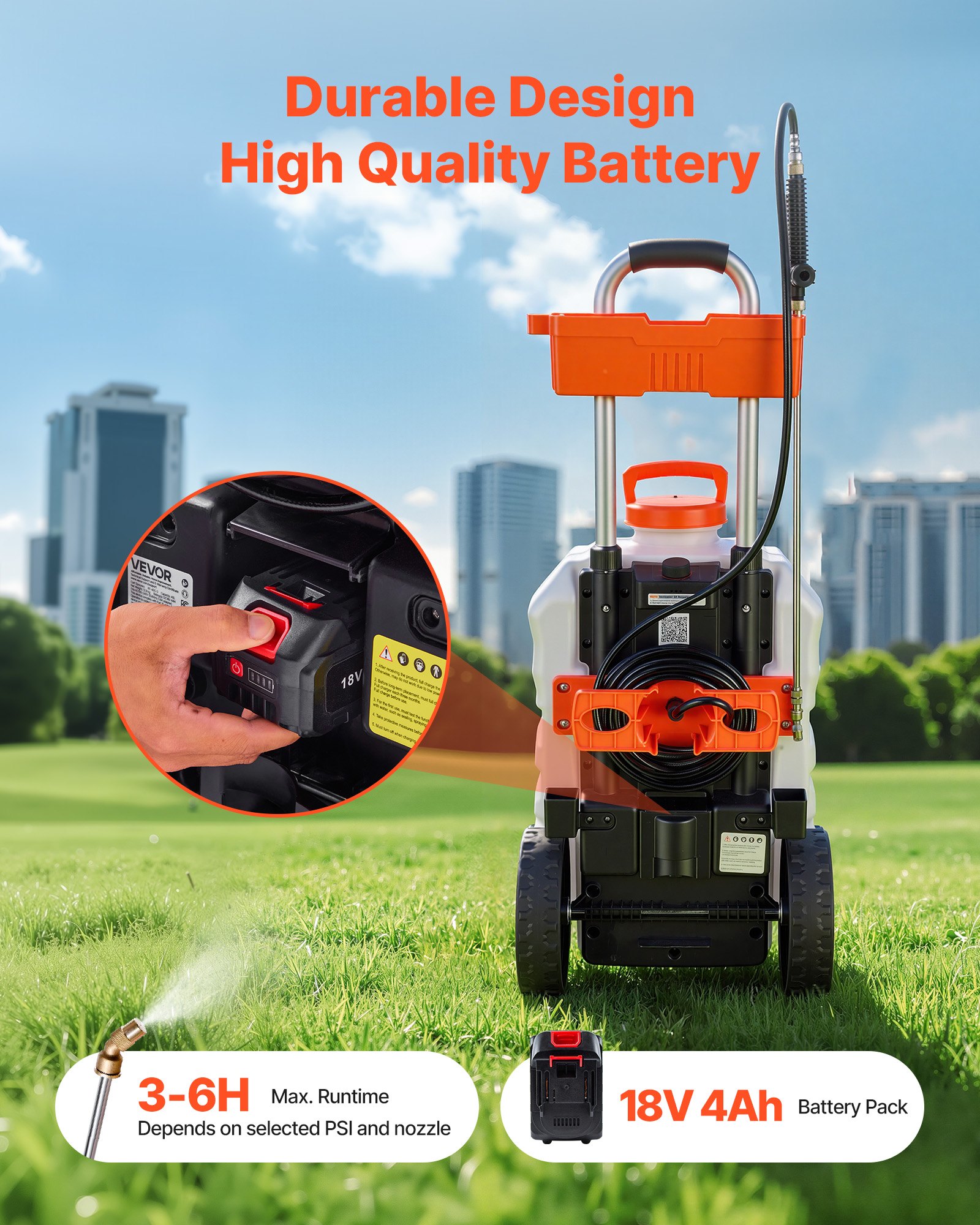 VEVOR Battery-Powered Sprayer with Wheeled Cart, 10 Gallons Electric Weed Sprayer, Adjustable 0-80 PSI, Yard Lawn Sprayers with Wheels, 5 Nozzles & 98ft Hose, 3-6H Spray Time, for Weeding, Cleaning