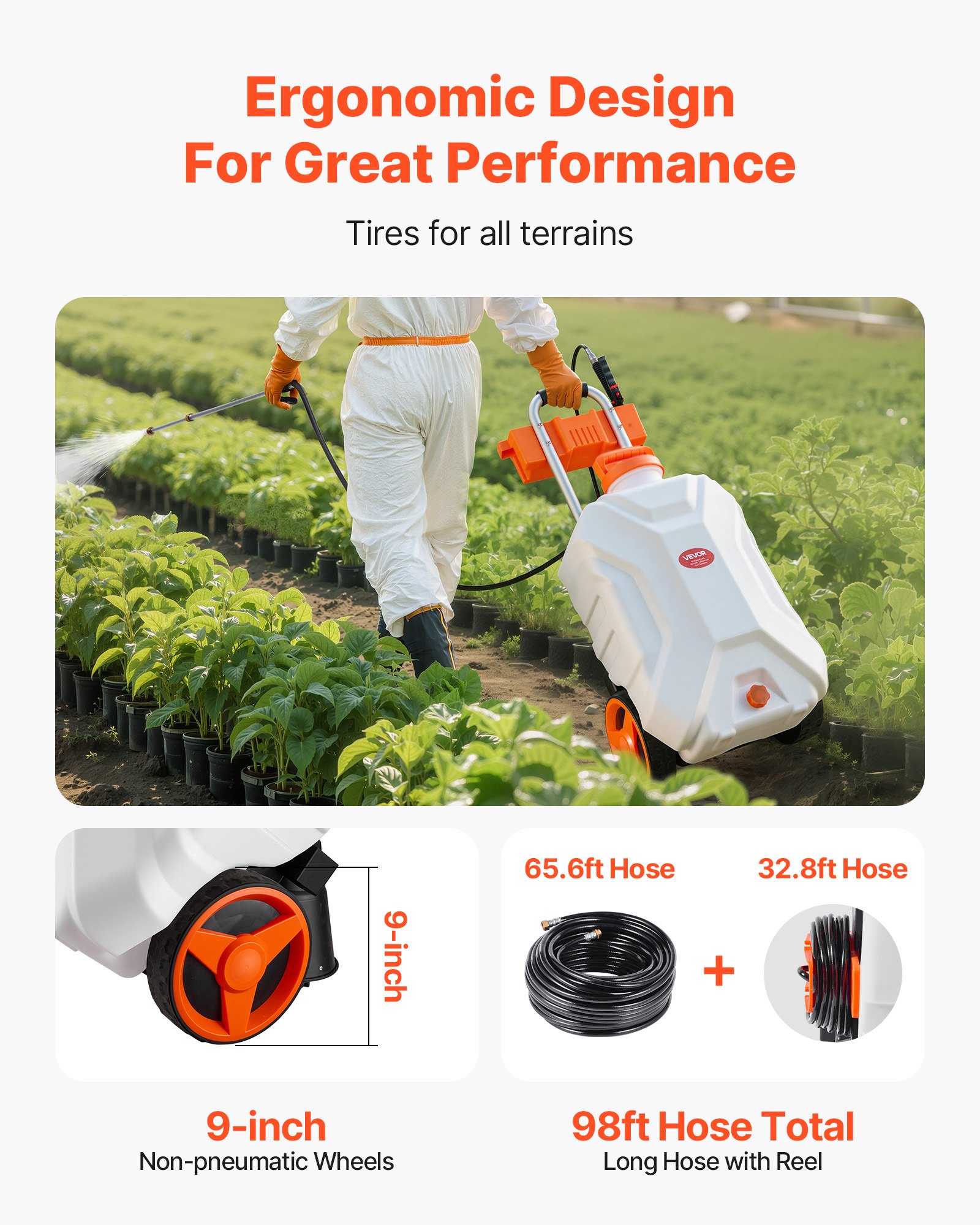 VEVOR Battery-Powered Sprayer with Wheeled Cart, 10 Gallons Electric Weed Sprayer, Adjustable 0-80 PSI, Yard Lawn Sprayers with Wheels, 5 Nozzles & 98ft Hose, 3-6H Spray Time, for Weeding, Cleaning
