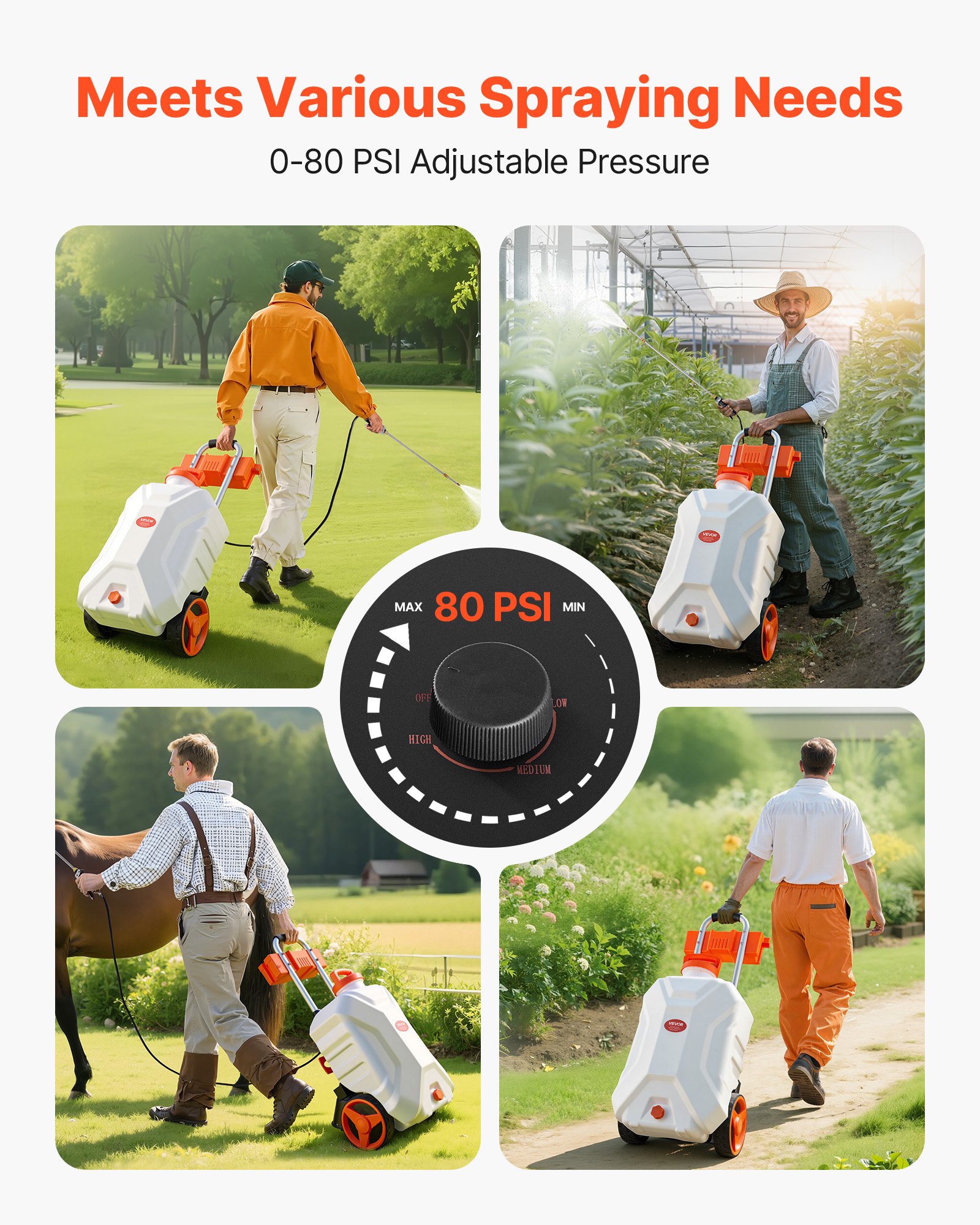 VEVOR Battery-Powered Sprayer with Wheeled Cart, 10 Gallons Electric Weed Sprayer, Adjustable 0-80 PSI, Yard Lawn Sprayers with Wheels, 5 Nozzles & 98ft Hose, 3-6H Spray Time, for Weeding, Cleaning