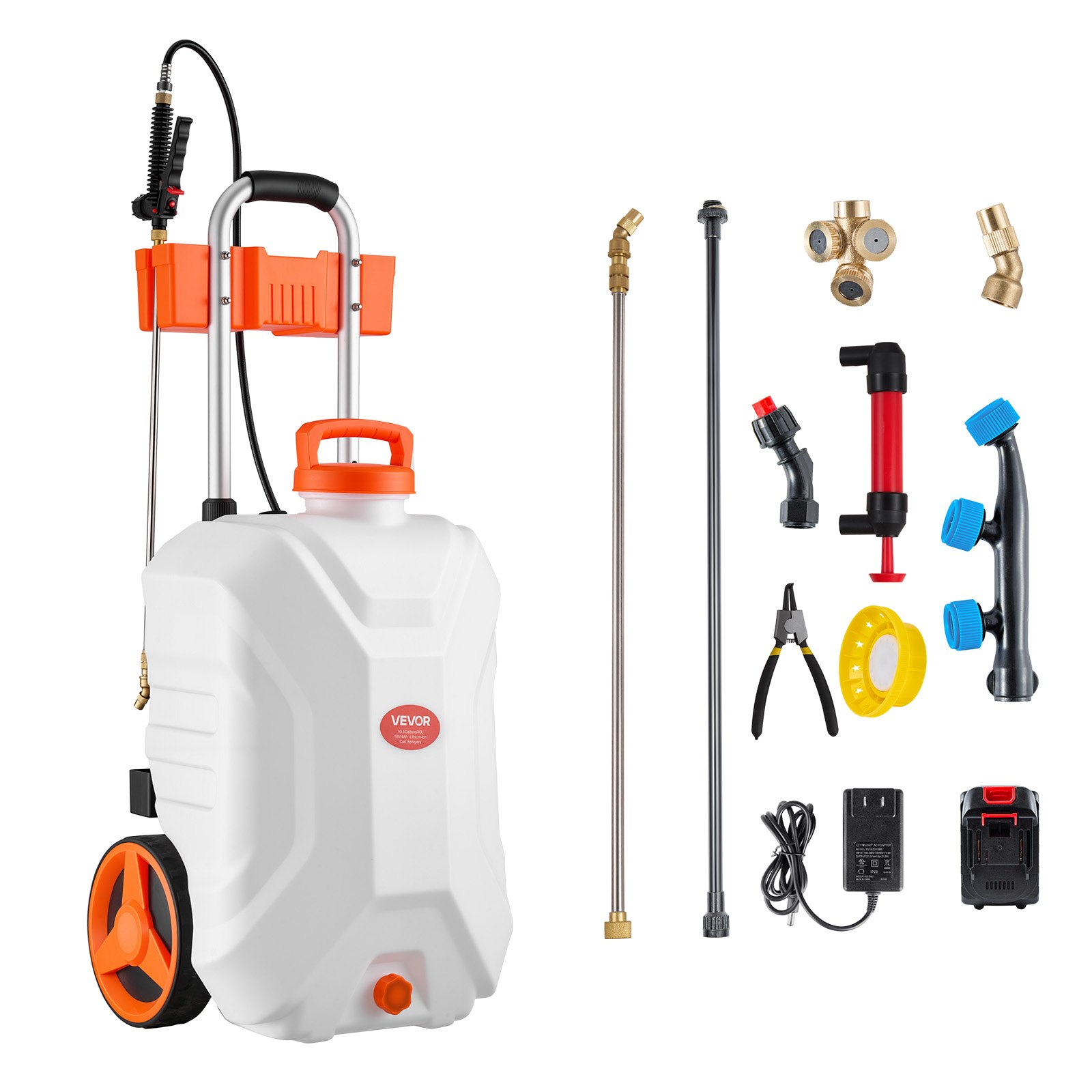 VEVOR Battery-Powered Sprayer with Wheeled Cart, 10 Gallons Electric Weed Sprayer, Adjustable 0-80 PSI, Yard Lawn Sprayers with Wheels, 5 Nozzles & 98ft Hose, 3-6H Spray Time, for Weeding, Cleaning