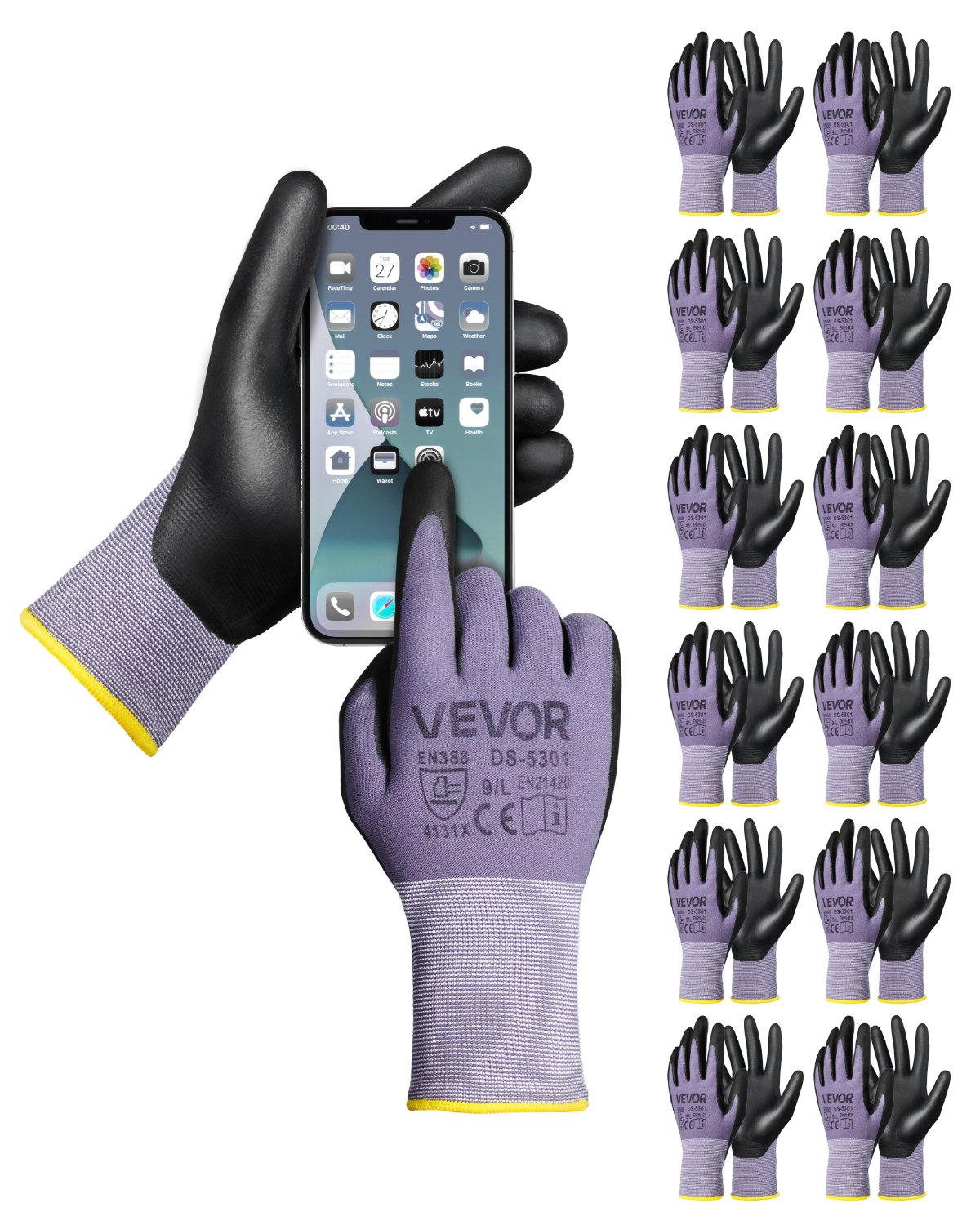 Guantes de trabajo (12 pares) con revestimiento de nitrilo para pantalla táctil, para jardinería y construcción