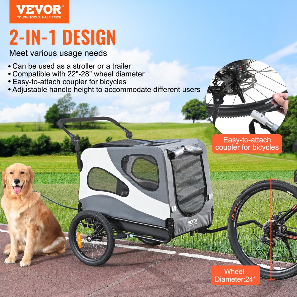 VEVOR Dog Bike Trailer Supports up to 100 lbs 2-in-1 Pet Stroller Cart Bicycle Carrier Easy Folding Cart Frame with Quick Release Wheels Universal