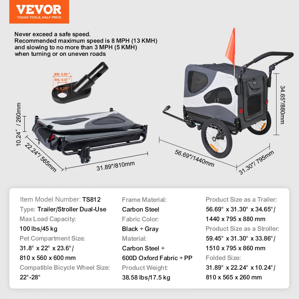 VEVOR Dog Bike Trailer, Supports up to 100 lbs, 2-in-1 Pet Stroller Cart Bicycle Carrier, Easy Folding Cart Frame with Quick Release Wheels, Universal Bicycle Coupler, Reflectors, Flag, Black/Gray