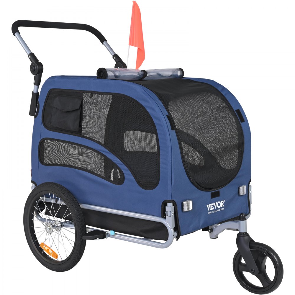 VEVOR Remorcă pentru biciclete pentru câini, susține până la 100 de livre, cărucior pentru cărucior pentru animale de companie 2 în 1, cărucior de transport pentru biciclete, cadru de cărucior pliabil ușor cu roți cu eliberare rapidă, cuplaj universal pentru bicicletă, reflectoare, steag, albastru/negru