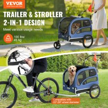 VEVOR Dog Bike Trailer, Supports up to 45 kg, 2-in-1 Pet Stroller Cart Bicycle Carrier, Easy Folding Cart Frame with Quick Release Wheels, Universal Bicycle Coupler, Reflectors, Flag, Blue/Black