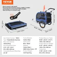 VEVOR Dog Bike Trailer, Supports up to 100 lbs, 2-in-1 Pet Stroller Cart Bicycle Carrier, Easy Folding Cart Frame with Quick Release Wheels, Universal Bicycle Coupler, Reflectors, Flag, Blue/Black