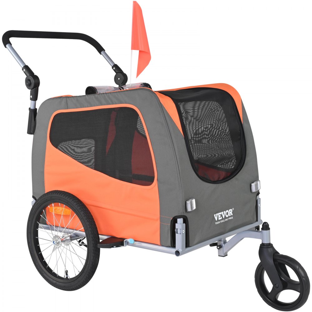 VEVOR hundesykkelhenger, støtter opptil 66 lbs, 2-i-1 kjæledyrvogn-sykkelholder, enkel sammenleggbar vognramme med hurtigutløserhjul, universell sykkelkobling, reflekser, flagg, oransje/grå