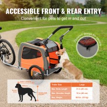 VEVOR Dog Bike Trailer, Supports up to 30 kg, 2-in-1 Pet Stroller Cart Bicycle Carrier, Easy Folding Cart Frame with Quick Release Wheels, Universal Bicycle Coupler, Reflectors, Flag, Orange/Gray