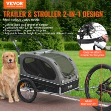 VEVOR Dog Bike Trailer, Supports up to 40 kg, 2-in-1 Pet Stroller Cart Bicycle Carrier, Easy Folding Cart Frame with Quick Release Wheels, Universal Bicycle Coupler, Reflectors, Flag, Black/Gray