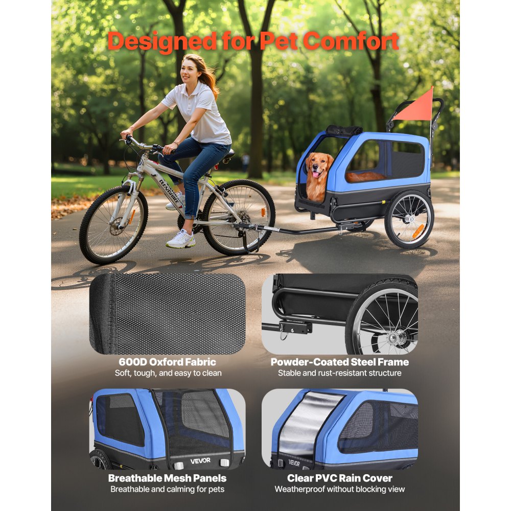 VEVOR Dog Bike Trailer, Supports up to 88 lbs, 2-in-1 Pet Stroller Cart Bicycle Carrier for Small & Large Dogs, Easy Folding Frame with Quick Release Wheel, Universal Bicycle Coupler, Internal Leash