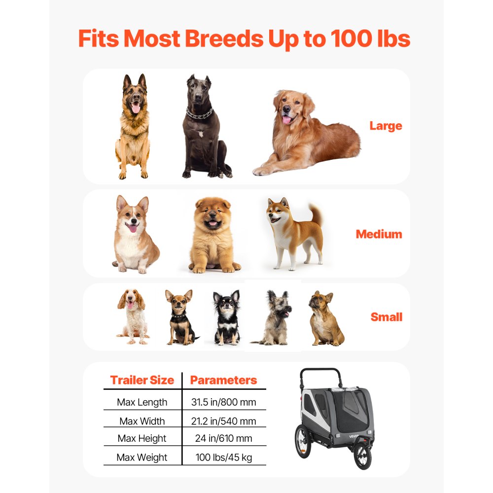 VEVOR Dog Bike Trailer, Supports up to 100 lbs, 2-in-1 Pet Stroller Cart Bicycle Carrier for Small & Large Dogs, Easy Folding Frame with Quick Release Wheel, Universal Bicycle Coupler, Internal Leash
