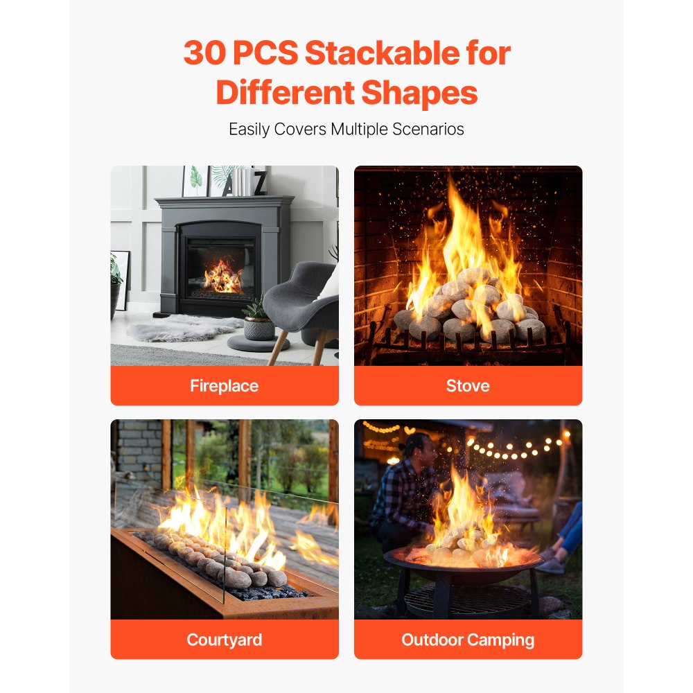 VEVOR Ceramic Fire Pebble Stones, 50.8-76.2 mm 30 Pcs Lava Rocks, Reusable Fire Pit Stones Indoor and Outdoor Use, Decorative Firepit Rocks for Propane/Gas Fireplace, Stove, Courtyard, Camping