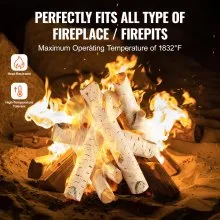 VEVOR 6 Pcs Large Withe Birch Logs, Gas Fireplace Ceramic Logs for Fire place, Heat-Resistant Wood Log Gas Realistic Logs, Stackable Wood Branches for Gas Fireplace, Firebowl Indoor or Outdoor