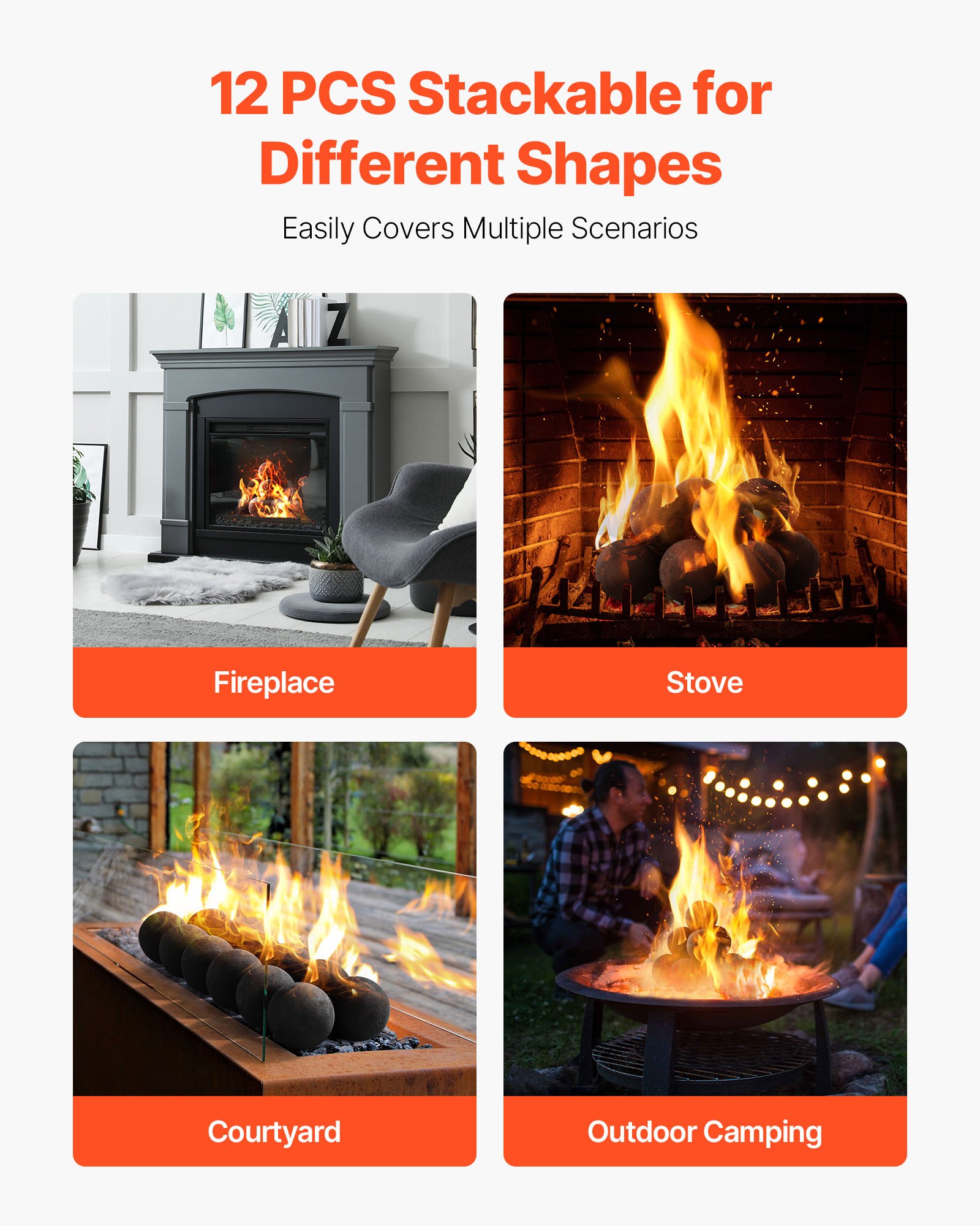 Keramické ohnivé koule VEVOR, 100 mm 12 ks kulatých ohnivých kamenů, opakovaně použitelné lávové kameny pro vnitřní i venkovní použití, dekorativní kameny do ohniště pro propan/plynový krb, kamna, dvůr, kempování, černé