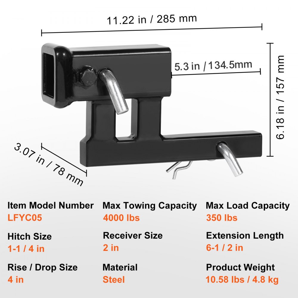 VEVOR Hitch Adapter, 1-1/4" to 2" Receiver Hitch Extender Extension, Trailer Hitch Riser with 4" Rise/Drop, 6-1/2" Extension Length, 4000 lbs Towing Capacity, Hitch Pins, Bolt and Nut Included, Black