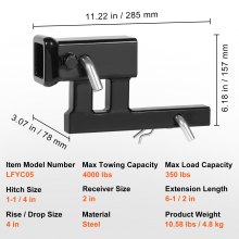 VEVOR Hitch Adapter, 1-1/4" to 2" Receiver Hitch Extender Extension, Trailer Hitch Riser with 4" Rise/Drop, 6-1/2" Extension Length, 1814 kgs Towing Capacity, Hitch Pins, Bolt and Nut Included, Black