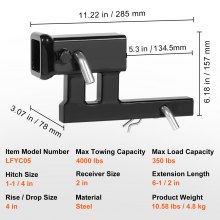 VEVOR Rise-Drop Extender Extension Trailer Hitch Receiver 1-1/4" to 2" Adapter