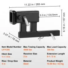 VEVOR Hitch Adapter, 1-1/4" to 2" Receiver Hitch Extender Extension, Trailer Hitch Riser with 4" Rise/Drop, 6-1/2" Extension Length, 4000 lbs Towing Capacity, Hitch Pins, Bolt and Nut Included, Black
