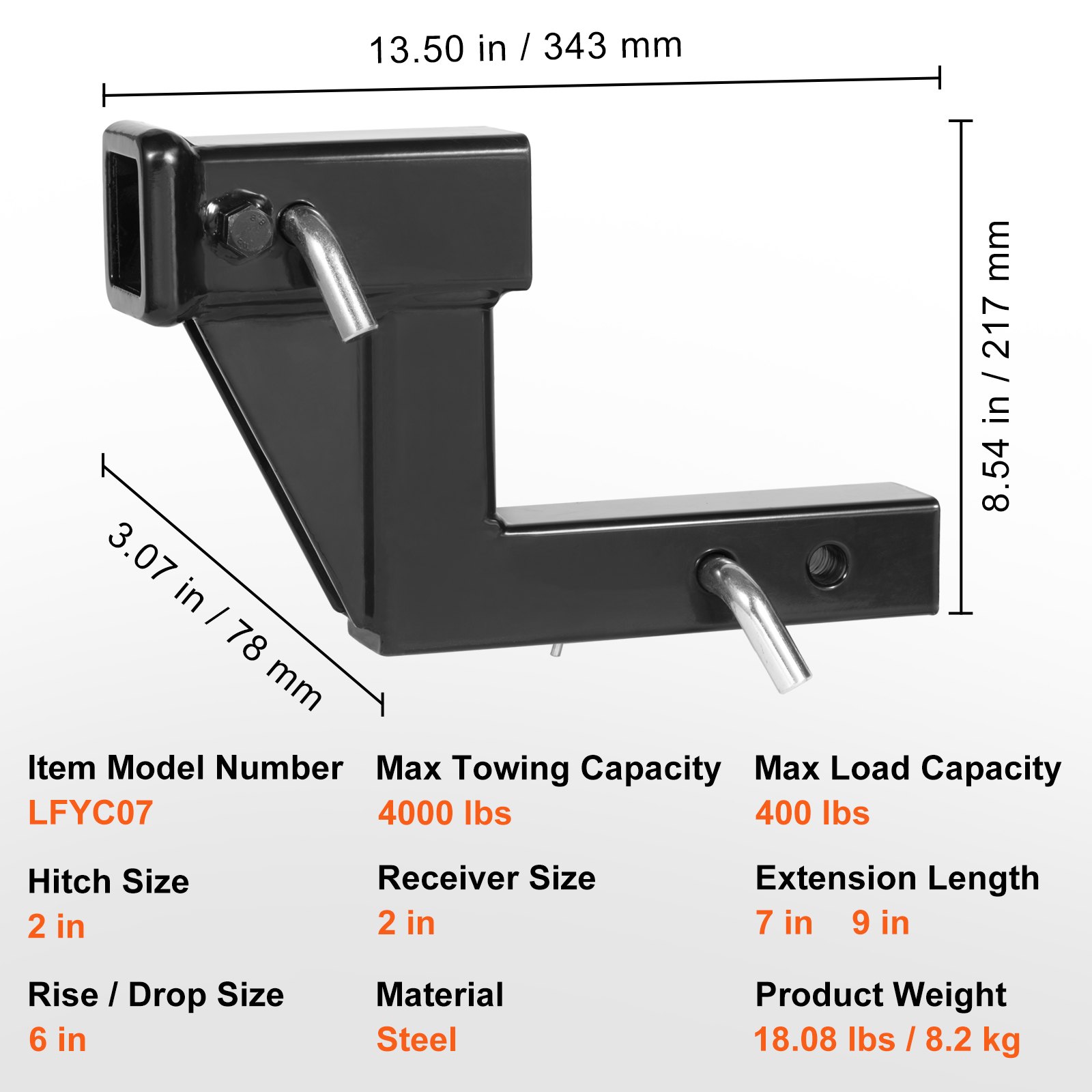 VEVOR Trailer Hitch Riser, för 2" mottagare med 6" stigning/sänkning, Trailer Receiver Hitch Extender förlängningsadapter, 7" och 9" förlängningslängd, 4000 lbs Max dragkapacitet, dragstift medföljer, svart