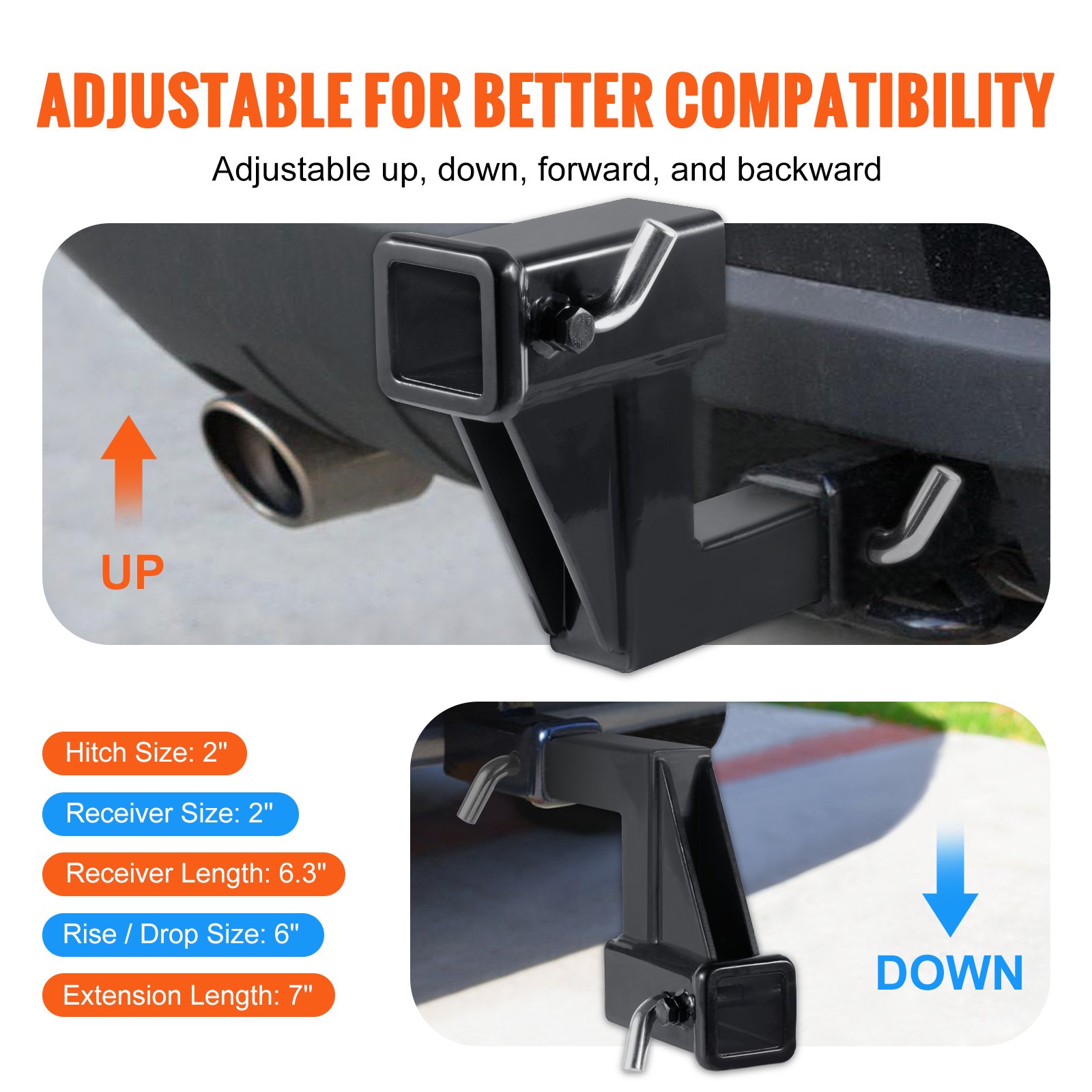VEVOR Trailer Hitch Riser, for 2" Receiver with 6" Rise/Drop, Trailer Receiver Hitch Extender Extension Adapter, 7" and 9" Extension Length, 1814 kgs Max Towing Capacity, Hitch Pins Included, Black