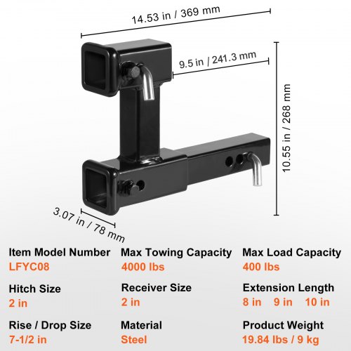 thumbnail image 2 of VEVOR Dual Hitch Extension – Adjustable Up To 10\", 7.5\" Rise/Drop, 4000 Lbs Capacity For Trailers & Racks 2 of 11
