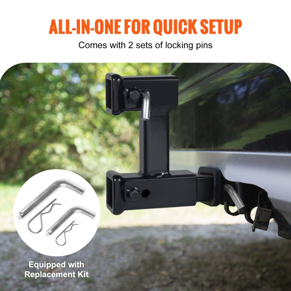 VEVOR Dual Hitch Extension, for 2" Trailer Hitch Receiver, Hitch Adapter Extender to 10" Max Adjustable Length, 7-1/2" Rise/Drop, 4000 lbs Towing Capacity, Hitch Pins, Bolt and Nut Kit Included, Black