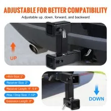 VEVOR Dual Hitch Extension, for 2" Trailer Hitch Receiver, Hitch Adapter Extender to 10" Max Adjustable Length, 7-1/2" Rise/Drop, 4000 lbs Towing Capacity, Hitch Pins, Bolt and Nut Kit Included, Black