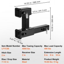 VEVOR Dual Hitch Extension, for 2" Trailer Hitch Receiver, Hitch Adapter Extender to 10" Max Adjustable Length, 7-1/2" Rise/Drop, 4000 lbs Towing Capacity, Hitch Pins, Bolt and Nut Kit Included, Black