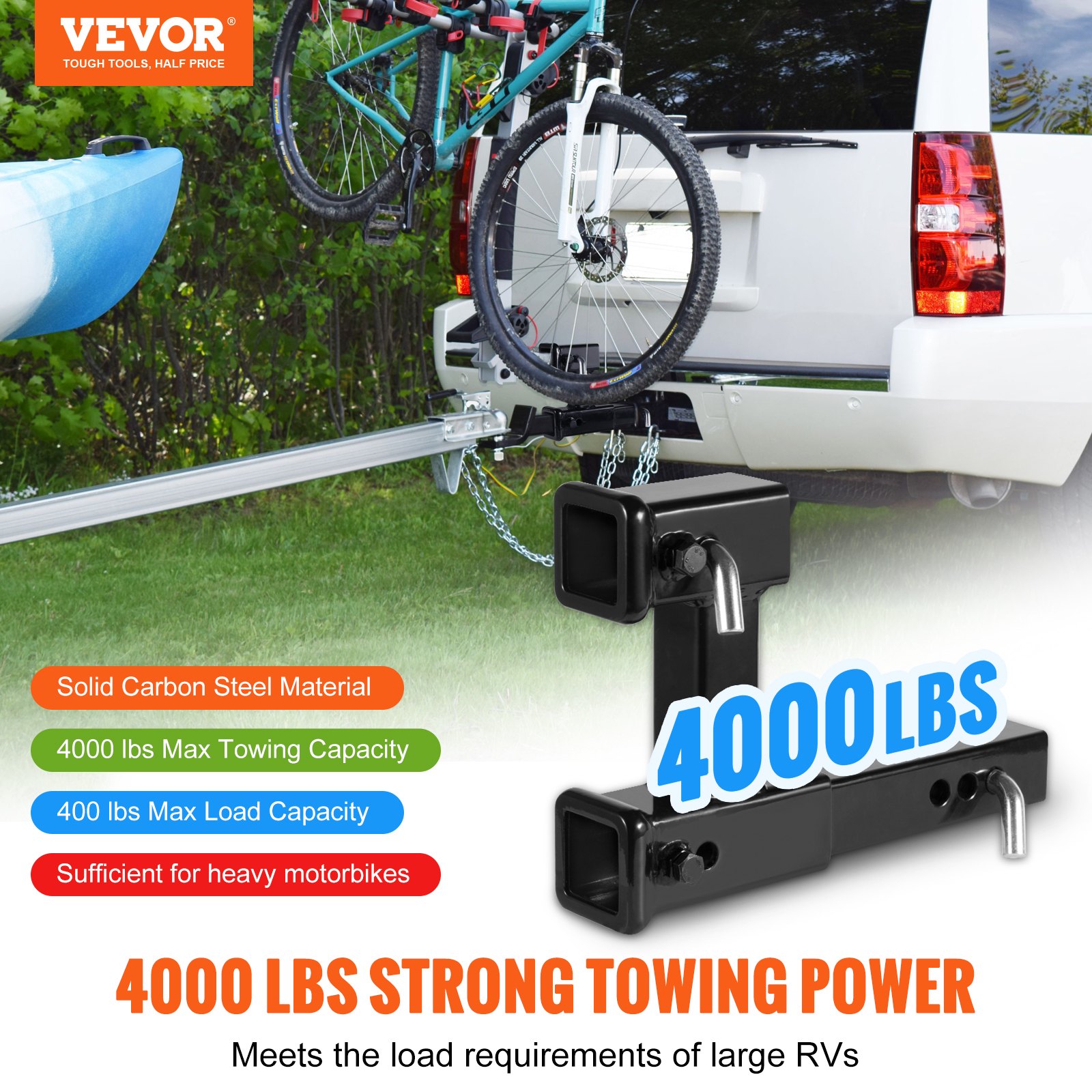 VEVOR Dual Hitch Extension, for 2" Trailer Hitch Receiver, Hitch Adapter Extender to 10" Max Adjustable Length, 7-1/2" Rise/Drop, 4000 lbs Towing Capacity, Hitch Pins, Bolt and Nut Kit Included, Black