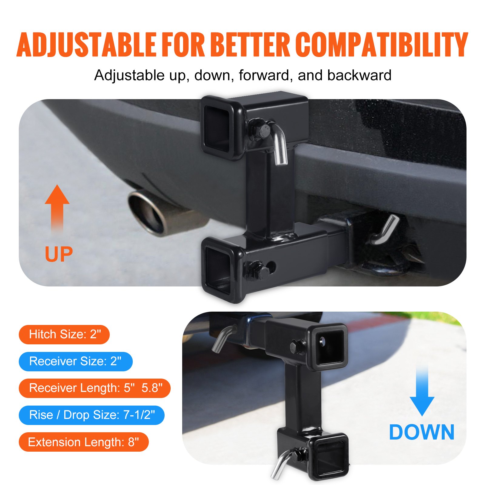 VEVOR Dual Hitch Extension, for 2" Trailer Hitch Receiver, Hitch Adapter Extender to 10" Max Adjustable Length, 7-1/2" Rise/Drop, 4000 lbs Towing Capacity, Hitch Pins, Bolt and Nut Kit Included, Black
